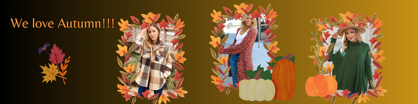 Banner with focus pics surrounded by leaves of a black/brown plaid jacket, rust cardigan and forest green sweater