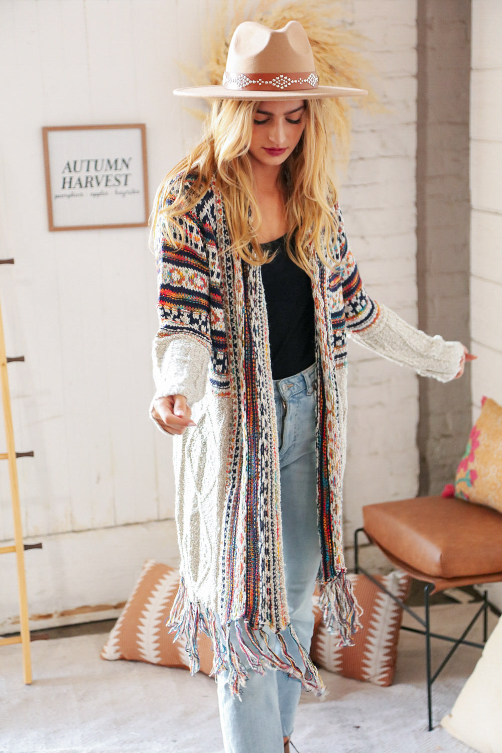 Oatmeal Ethnic Fringe Tassel Open Midi Cardigan