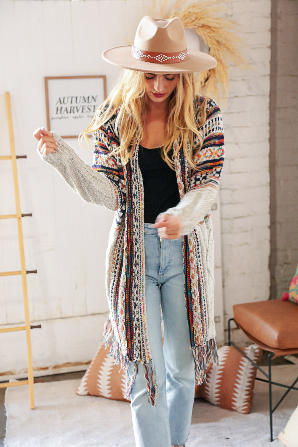 Oatmeal Ethnic Fringe Tassel Open Midi Cardigan