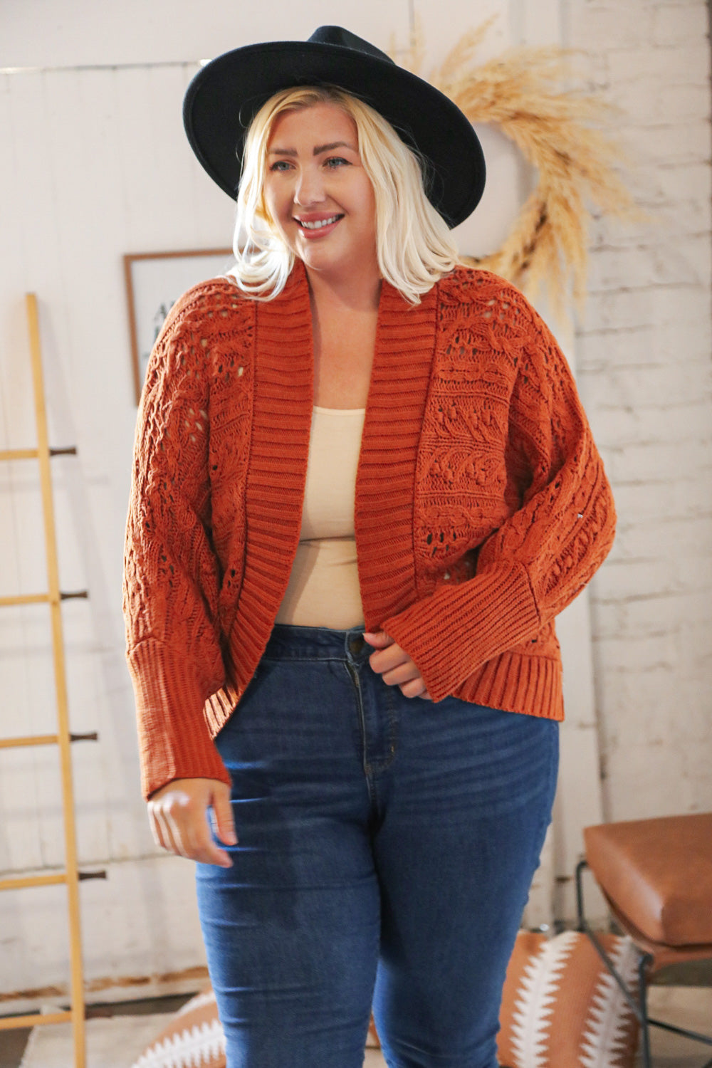 Rust Textured Wool Cable Bolero Open Cardigan