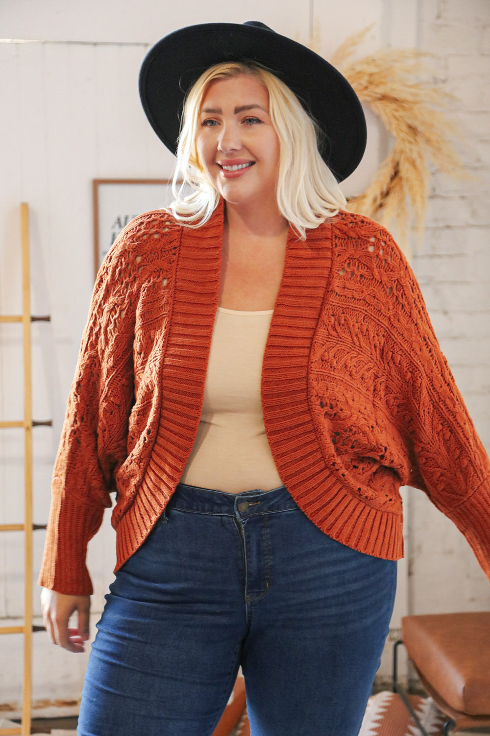 Rust Textured Wool Cable Bolero Open Cardigan