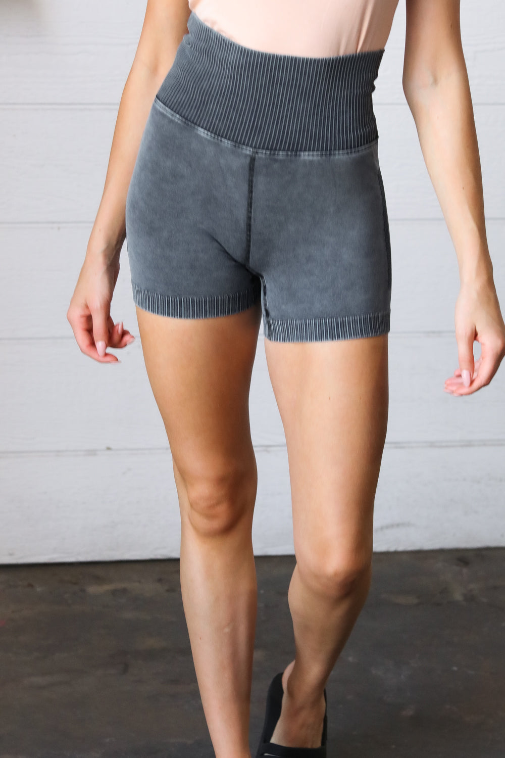 Black Washed Seamless High Waisted Eyelet Shorts