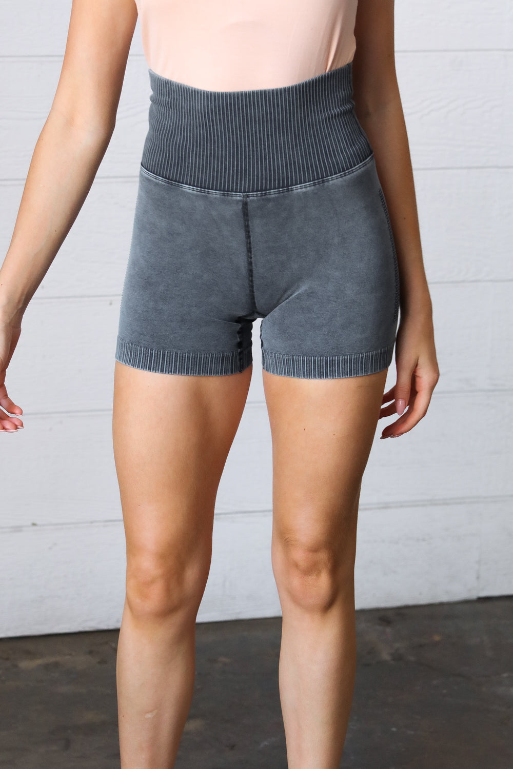 Black Washed Seamless High Waisted Eyelet Shorts