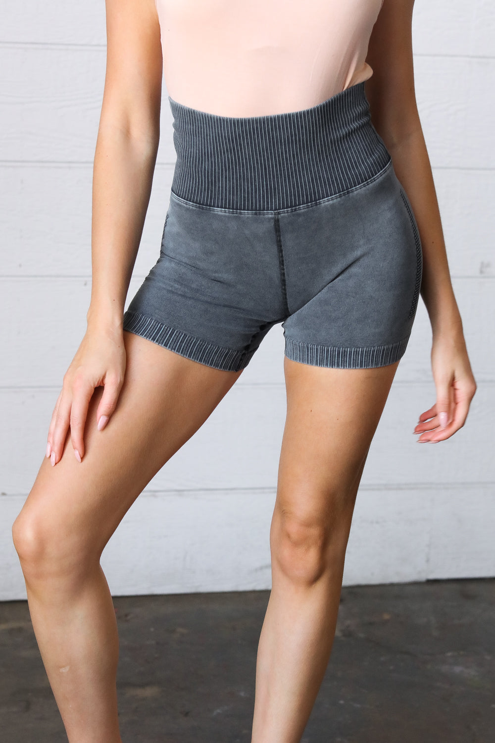 Black Washed Seamless High Waisted Eyelet Shorts