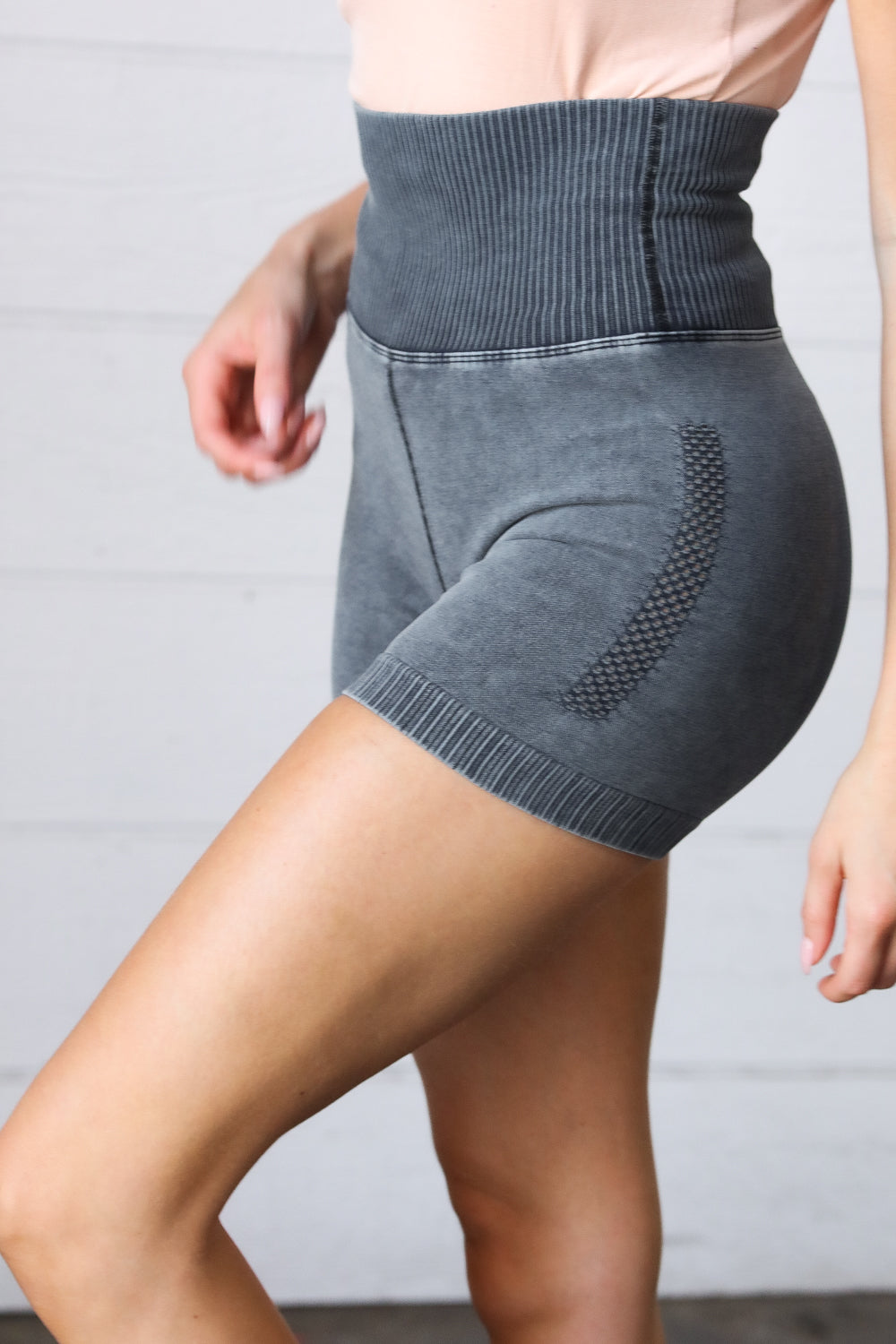 Black Washed Seamless High Waisted Eyelet Shorts