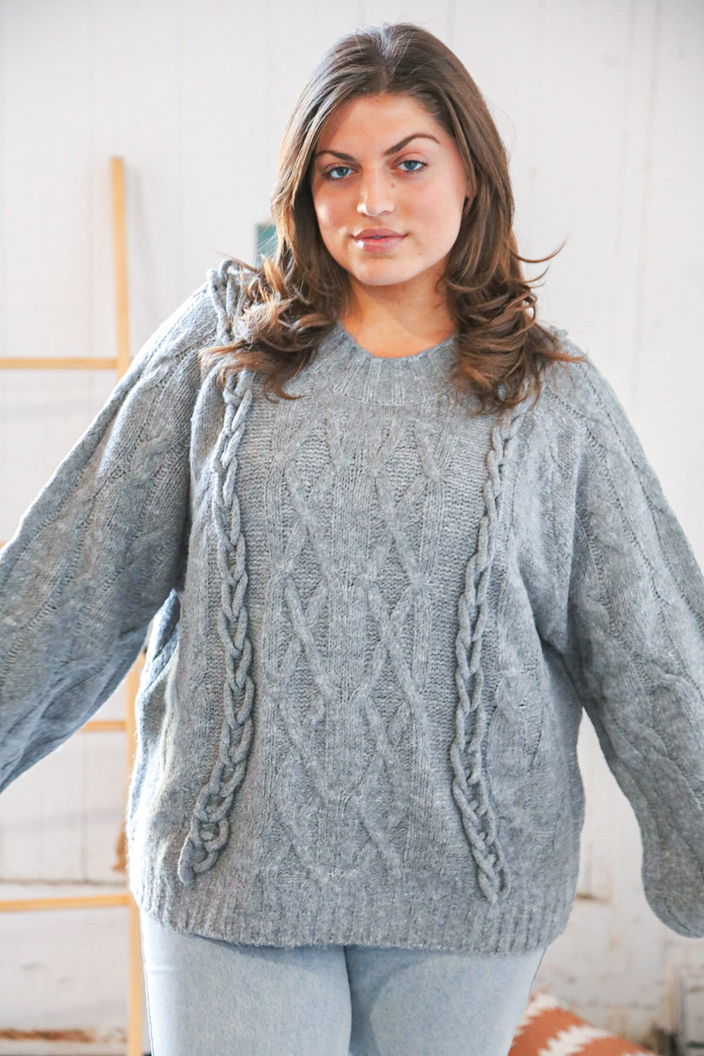 Grey Raglan Cable Knit Bubble Sleeve Sweater