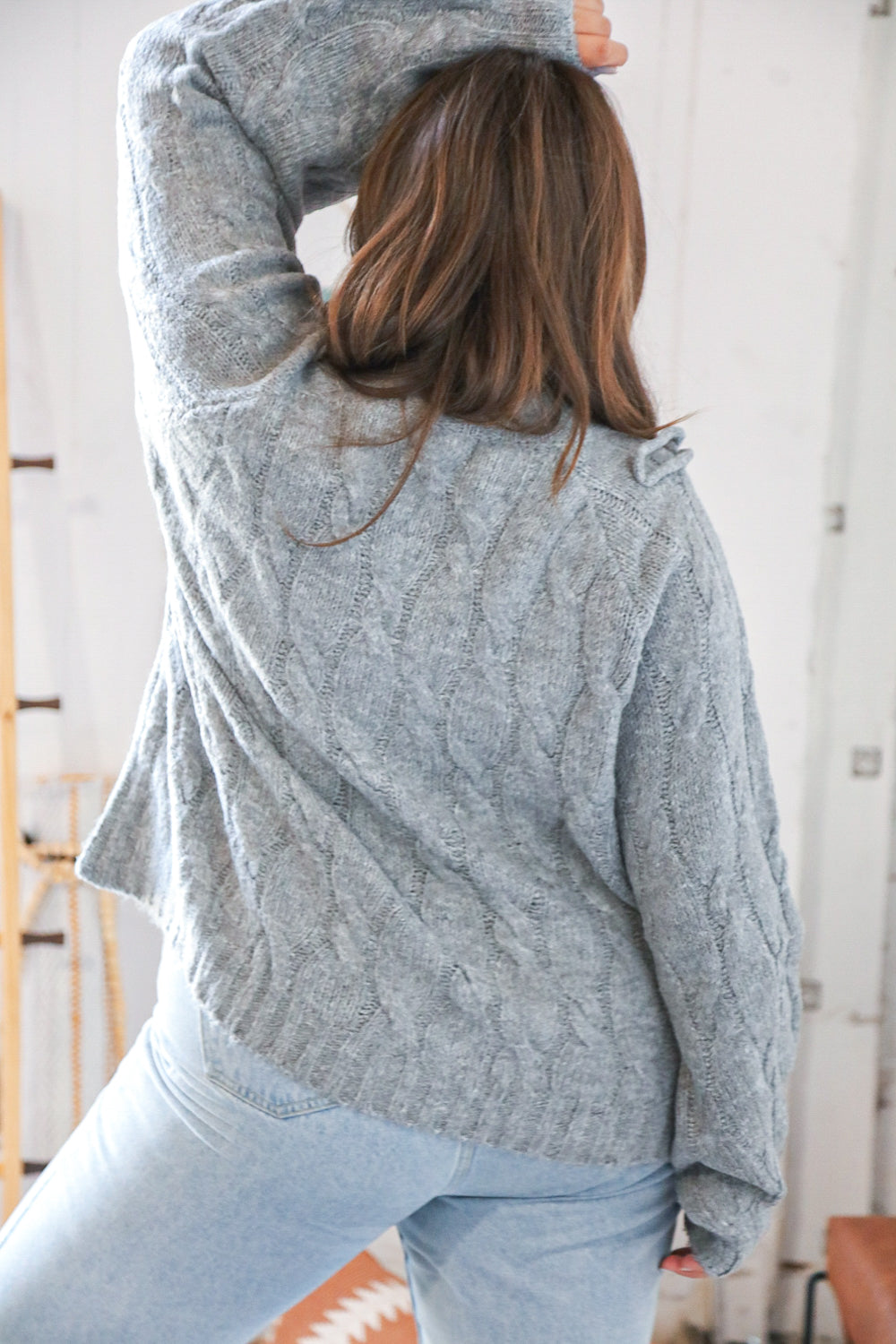 Grey Raglan Cable Knit Bubble Sleeve Sweater