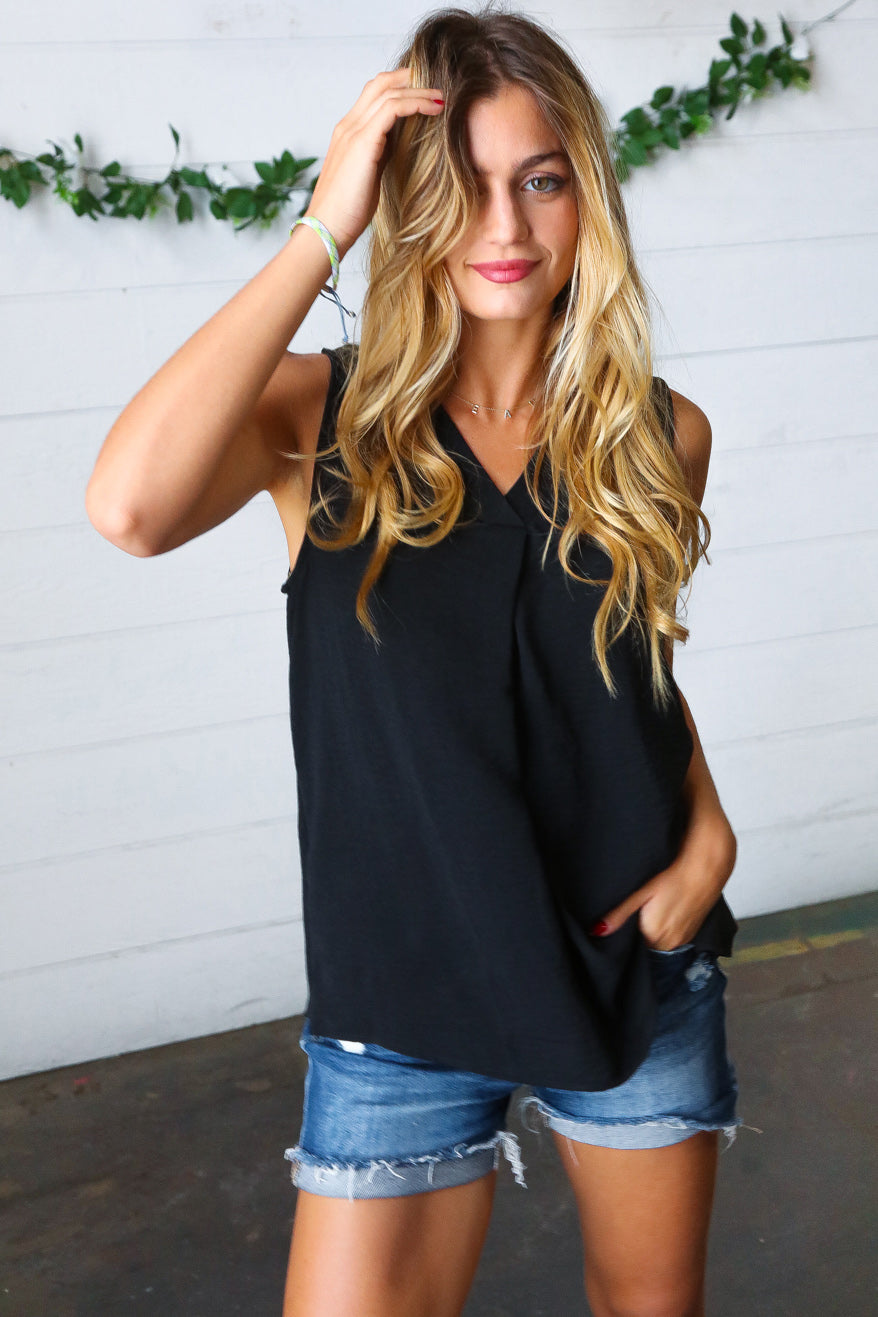 Black Banded V Neck Sleeveless Top