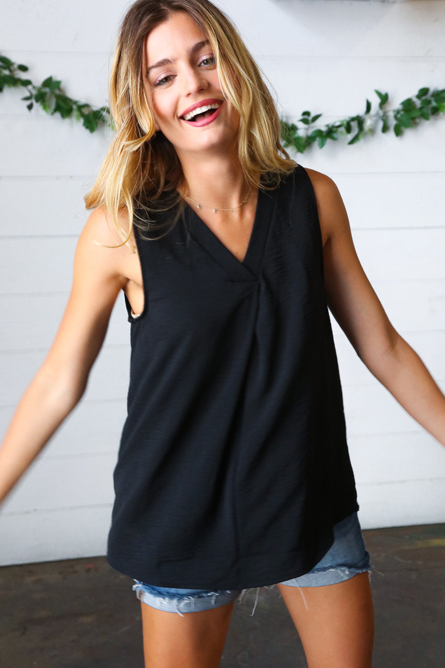 Black Banded V Neck Sleeveless Top