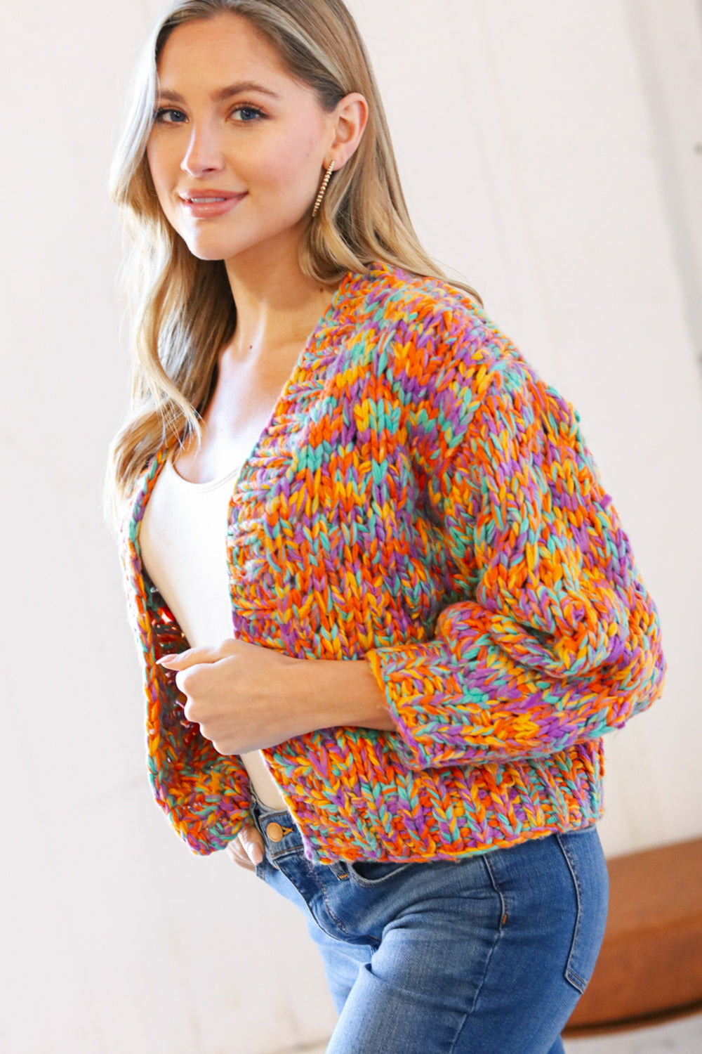 Multicolor Chunky Knit Cropped Open Cardigan