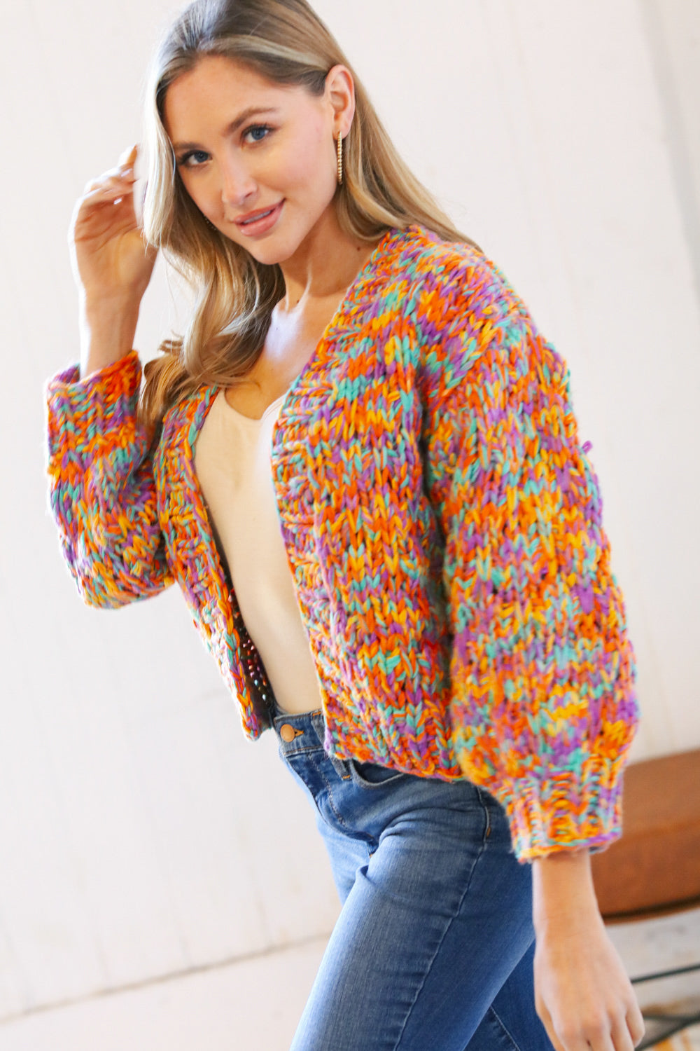 Multicolor Chunky Knit Cropped Open Cardigan