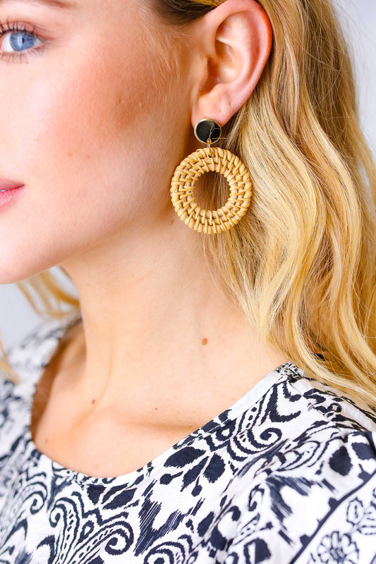 Tan & Gold Rattan Woven Open Circle Earrings